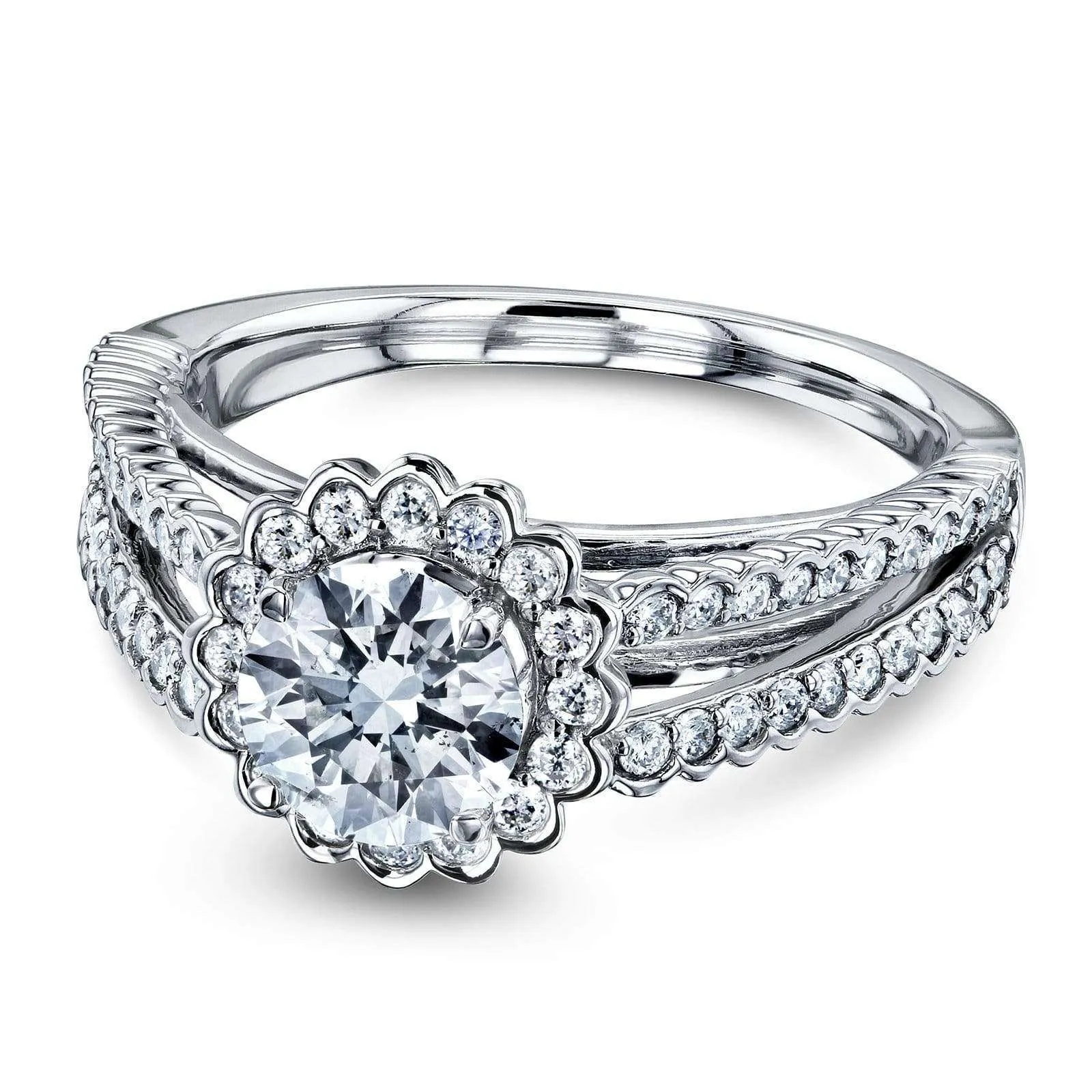 1-1/2ct TDW Flower Halo Ribbed Split Shank Diamond Ring