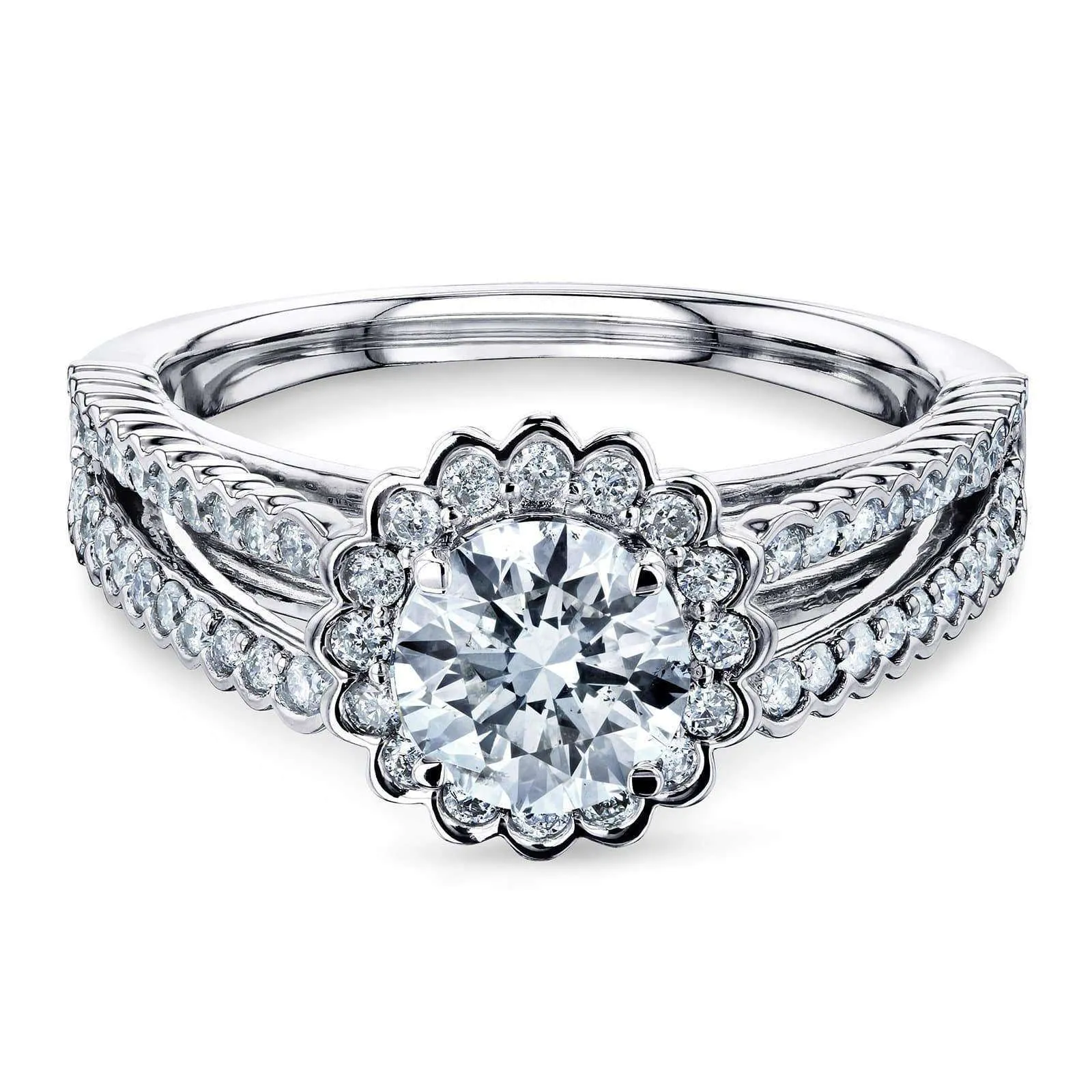 1-1/2ct TDW Flower Halo Ribbed Split Shank Diamond Ring