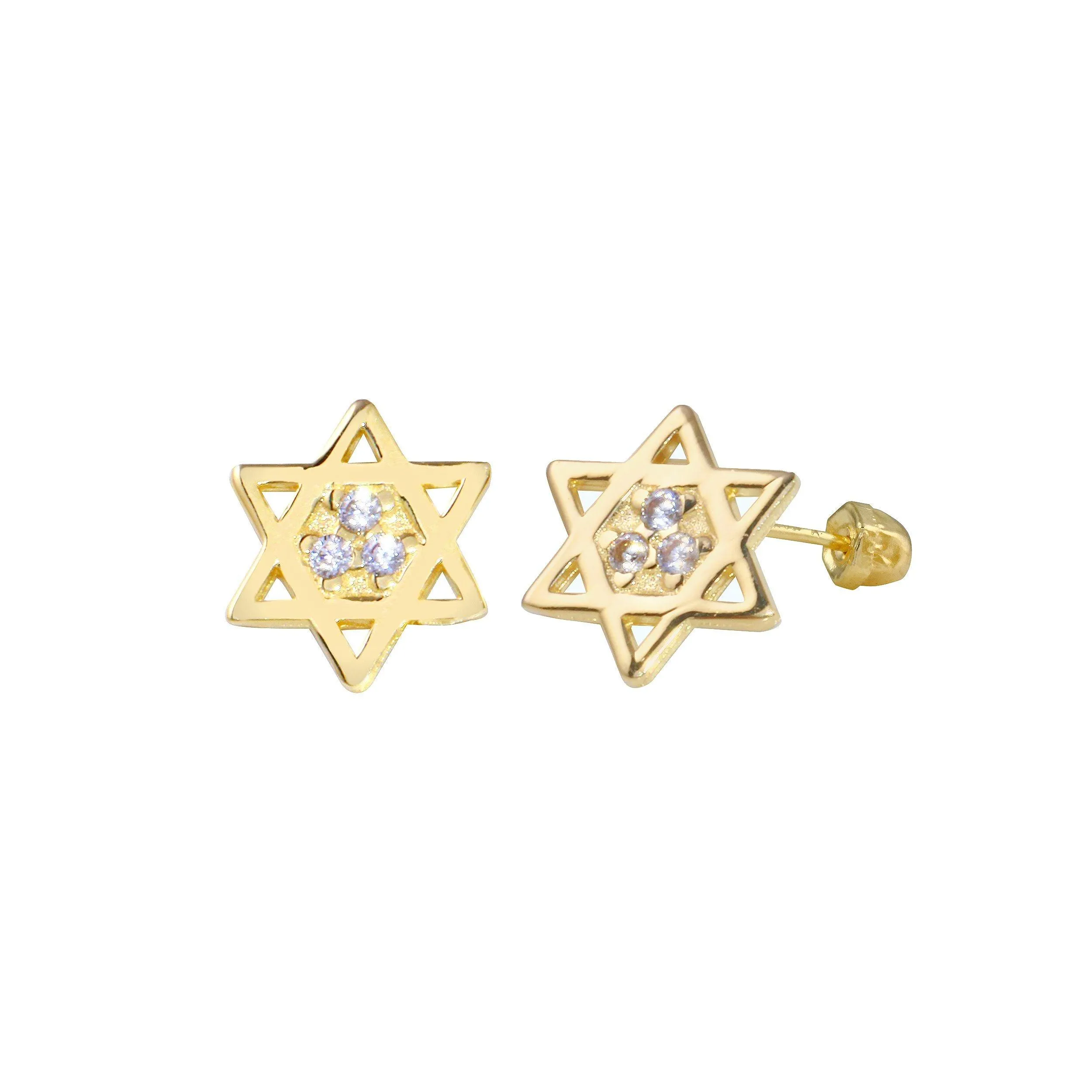 14E00345. - 14 Karat Yellow Gold CZ Star of David Screw Back Earring