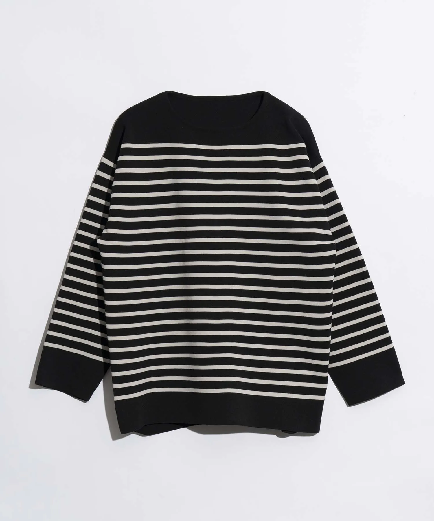 18G  Milan Ribs Border Prime-Over Boat Neck Knit Pullover