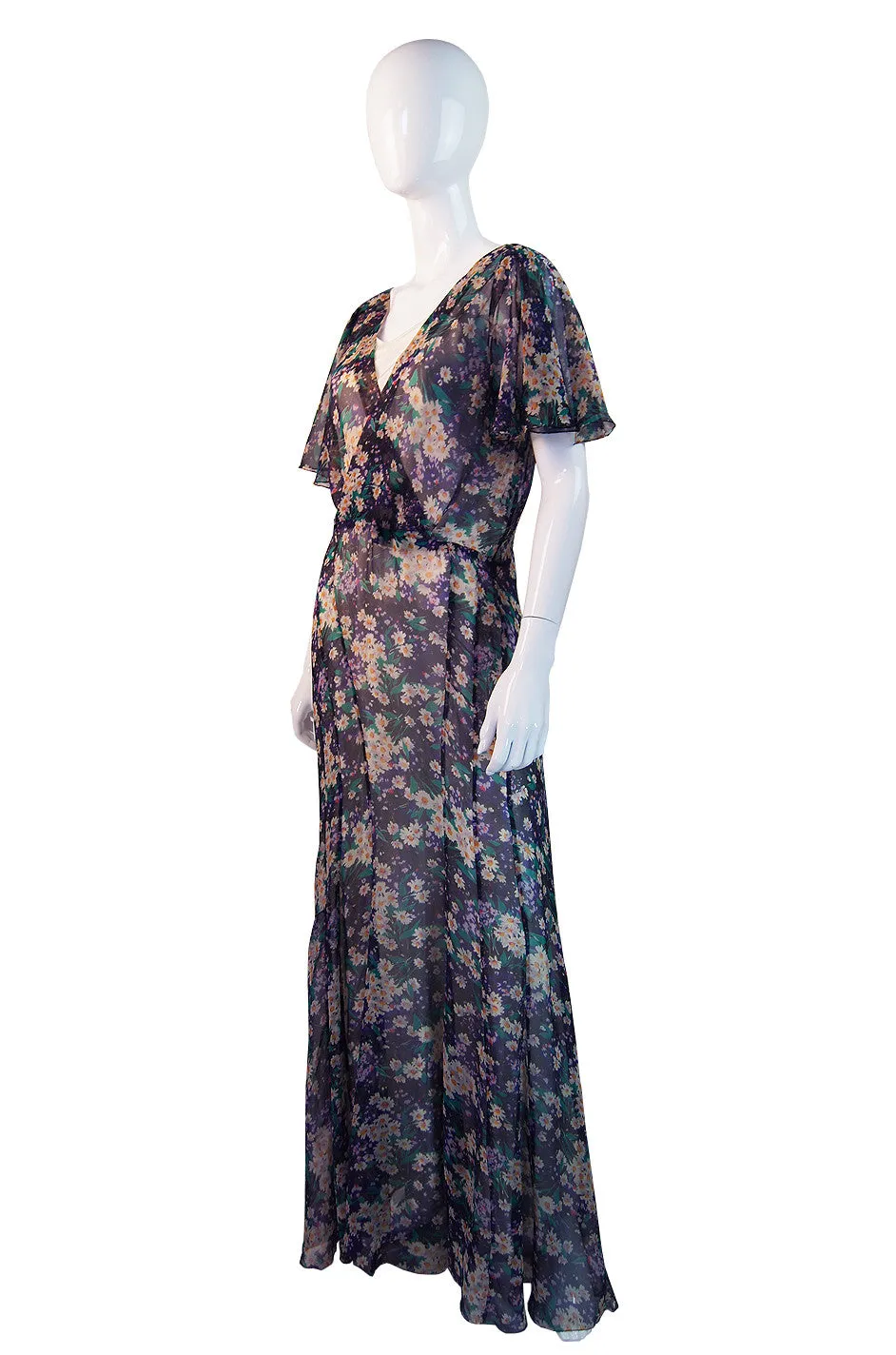 1930s Purple Floral Silk Chiffon Gown