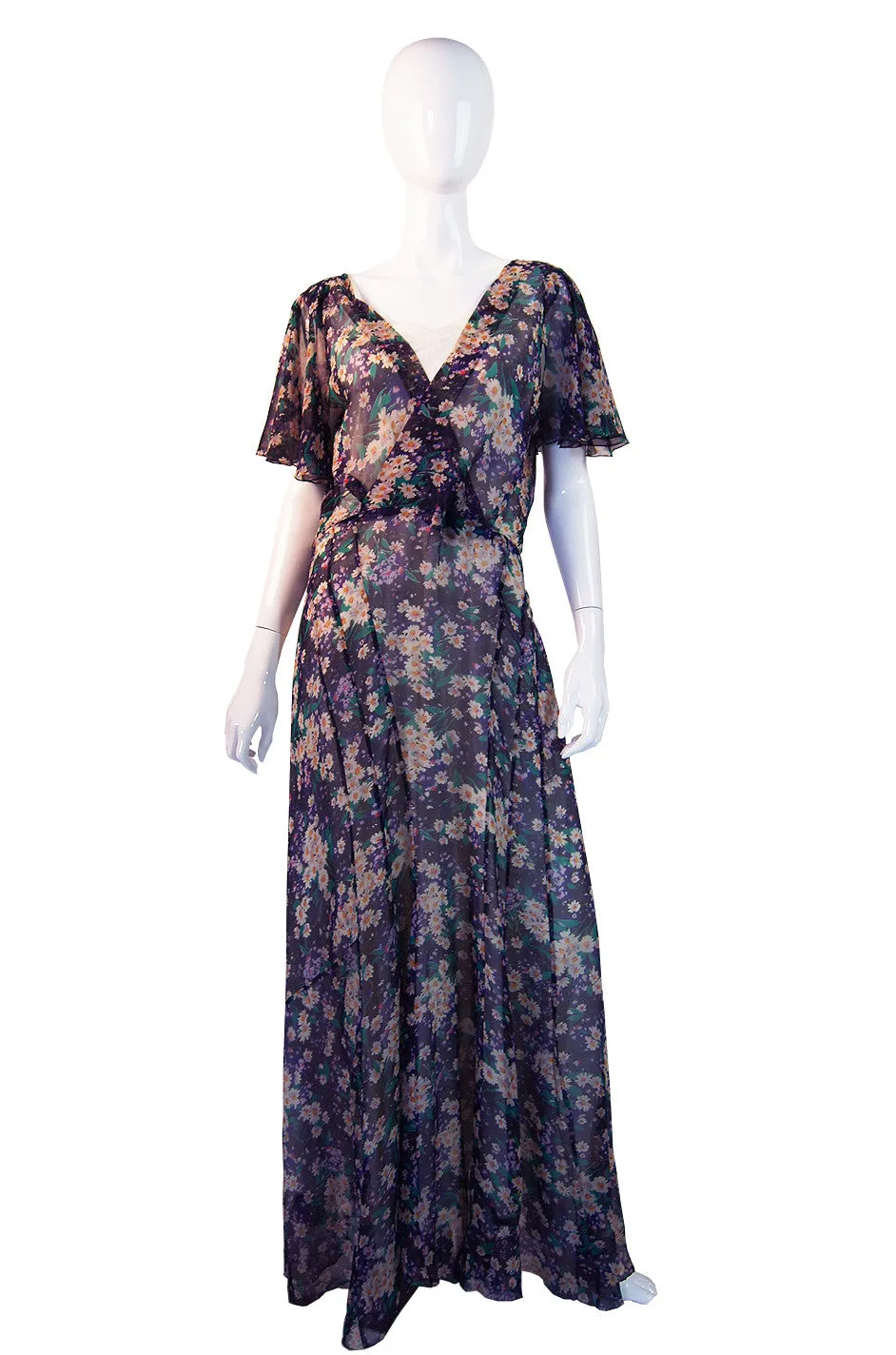 1930s Purple Floral Silk Chiffon Gown