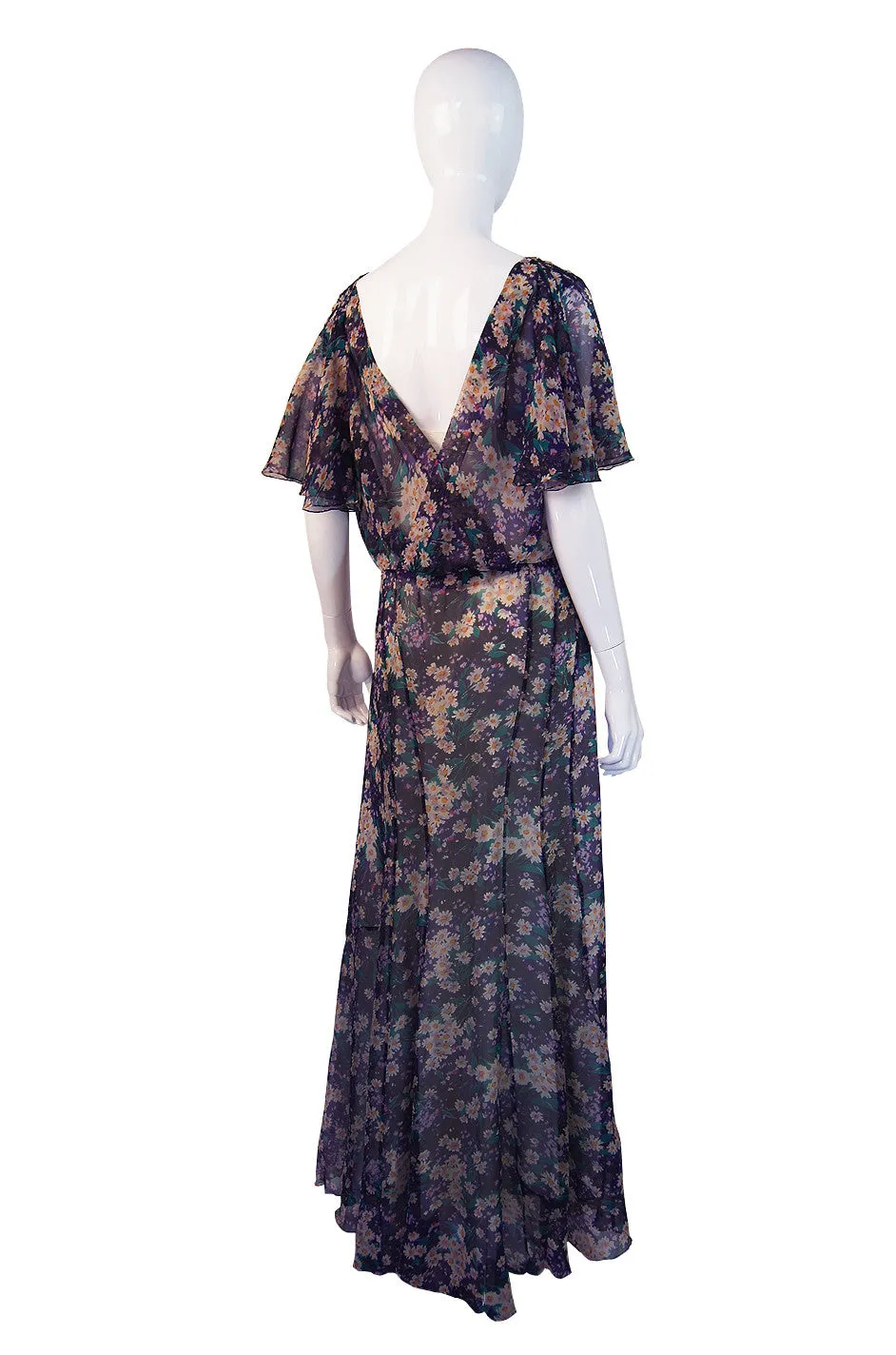 1930s Purple Floral Silk Chiffon Gown