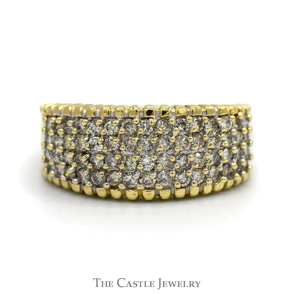 1cttw 4 Row Diamond Cluster Ring with Beaded Edges in 14k Yellow Gold