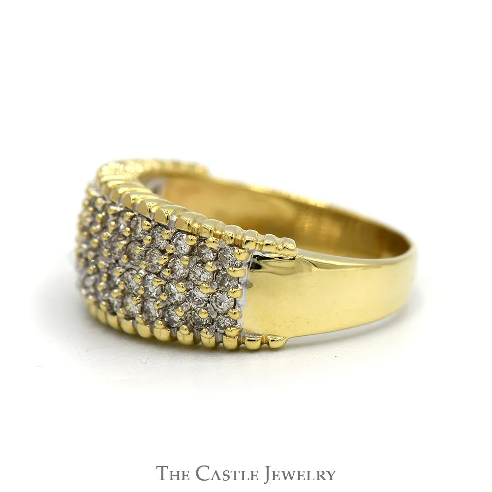 1cttw 4 Row Diamond Cluster Ring with Beaded Edges in 14k Yellow Gold