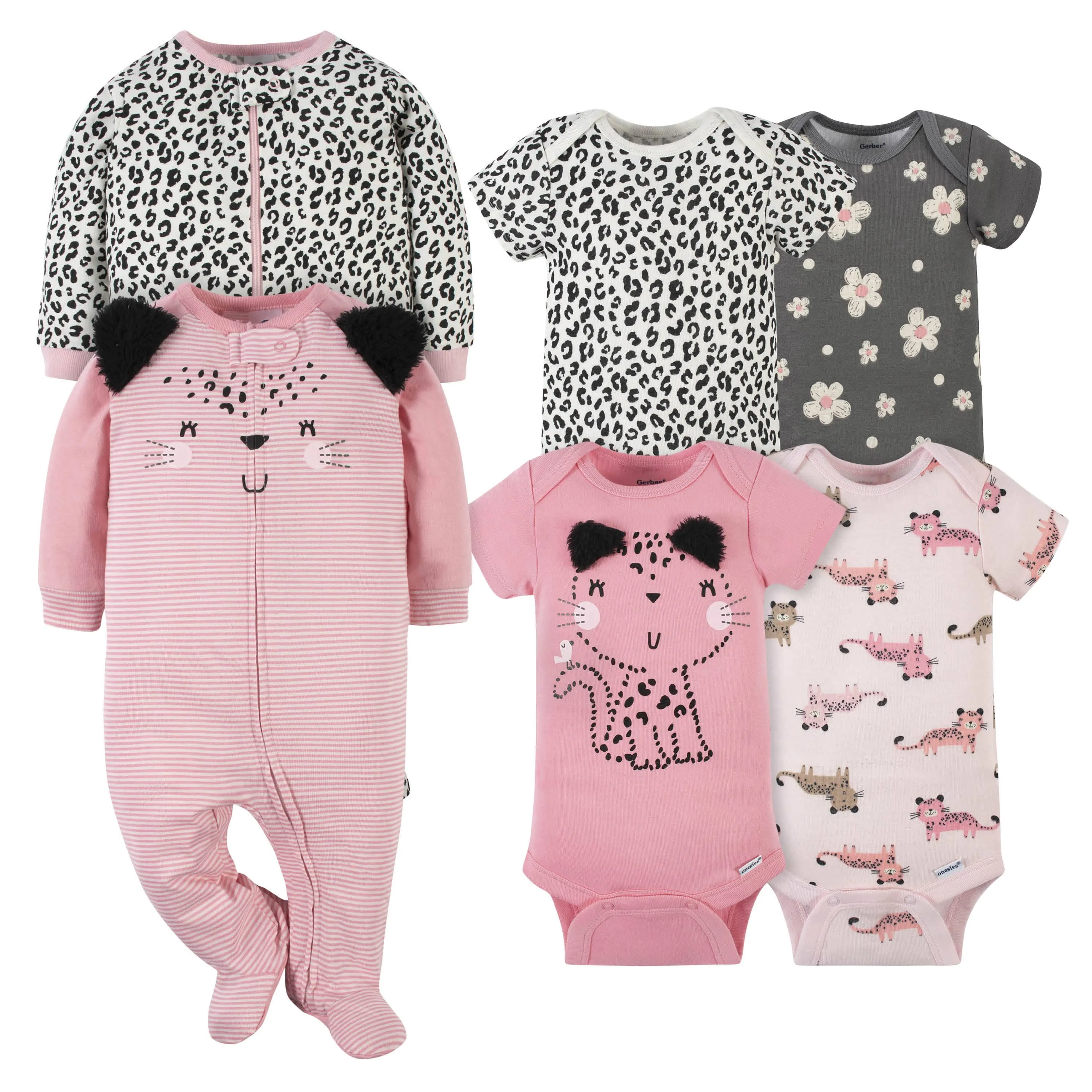 6-Piece Baby Girls Leopard Onesies Bodysuit and Sleep 'N Play Set