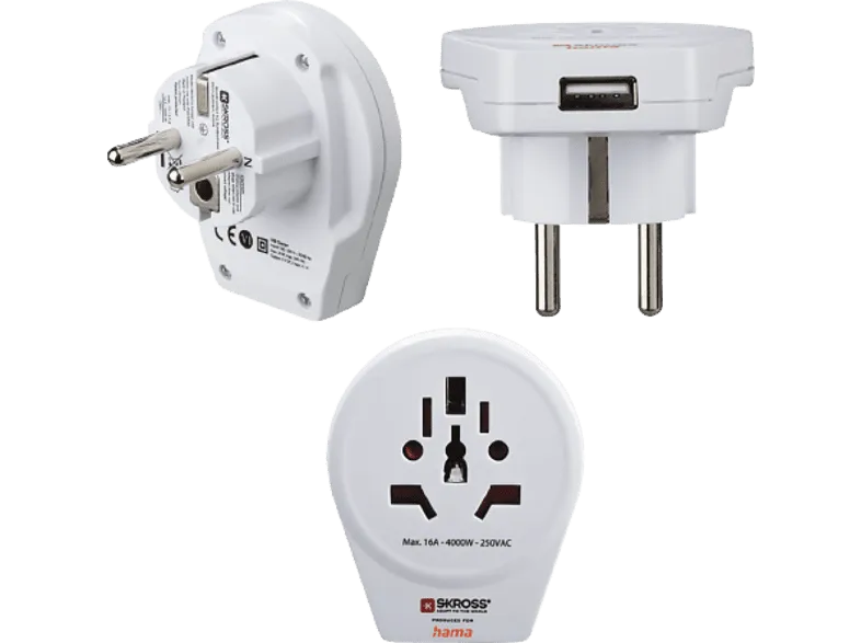 Adaptador enchufe - World to Europe Hama, 1 entradas USB, 250 V, Compatible con hasta 200 países, Blanco