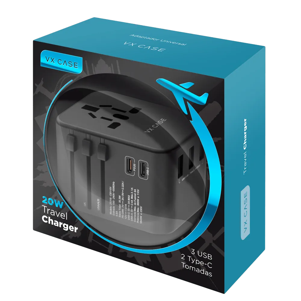 Adaptador Universal de tomadas VX Case com 3 USBs e 2 Type-C