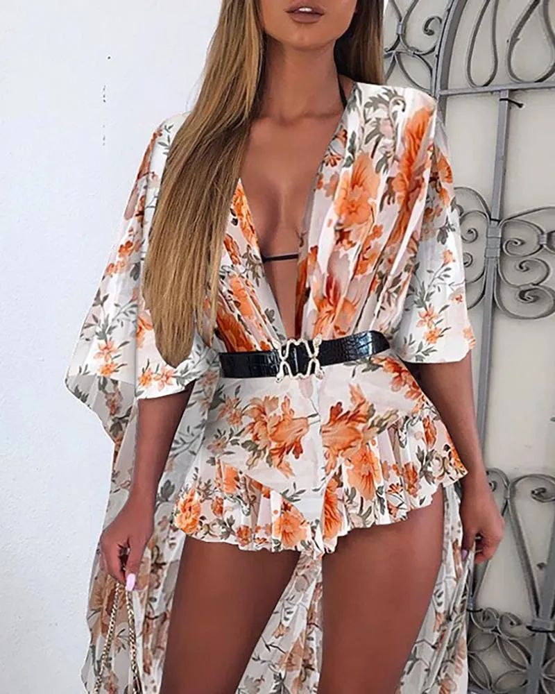 Adriana Deep-V Chiffon Sexy Rüschen Badeanzug Cover Up Playsuit