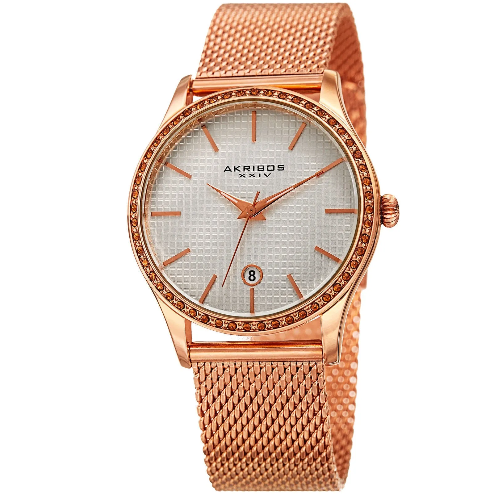 Akribos Xxiv White Square-Textured Ladies Rose Gold Tone Watch AK967RG