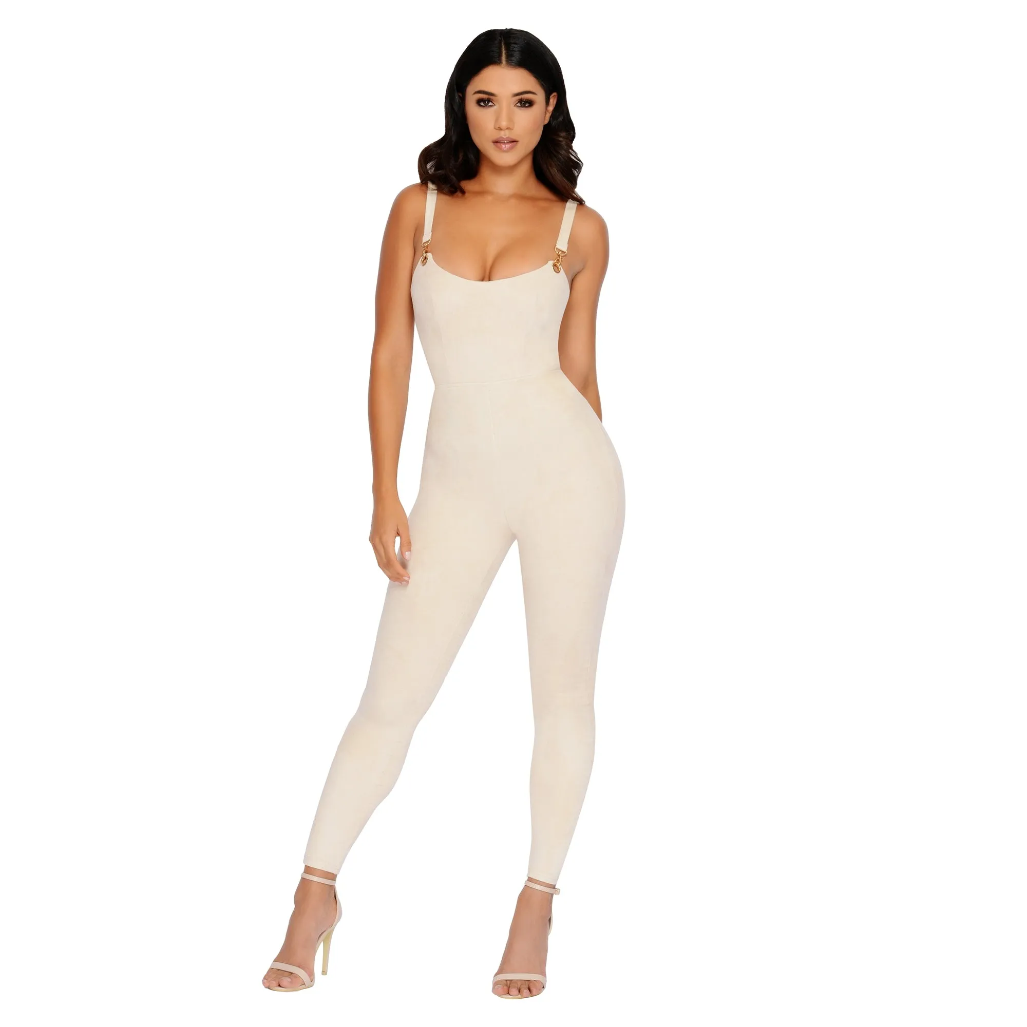 All In One Suede Plunge Ankle Length Jumpsuit in Cream