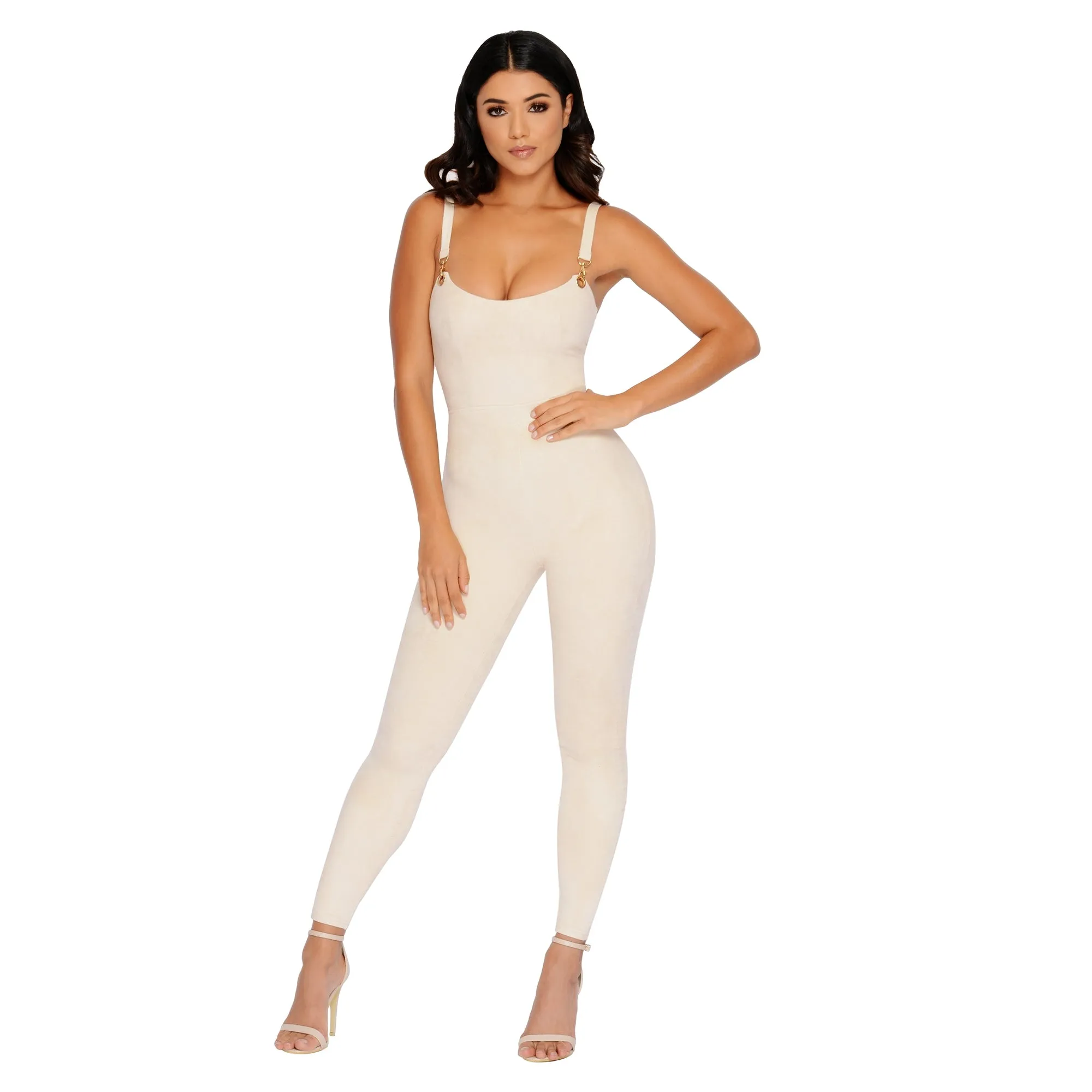 All In One Suede Plunge Ankle Length Jumpsuit in Cream