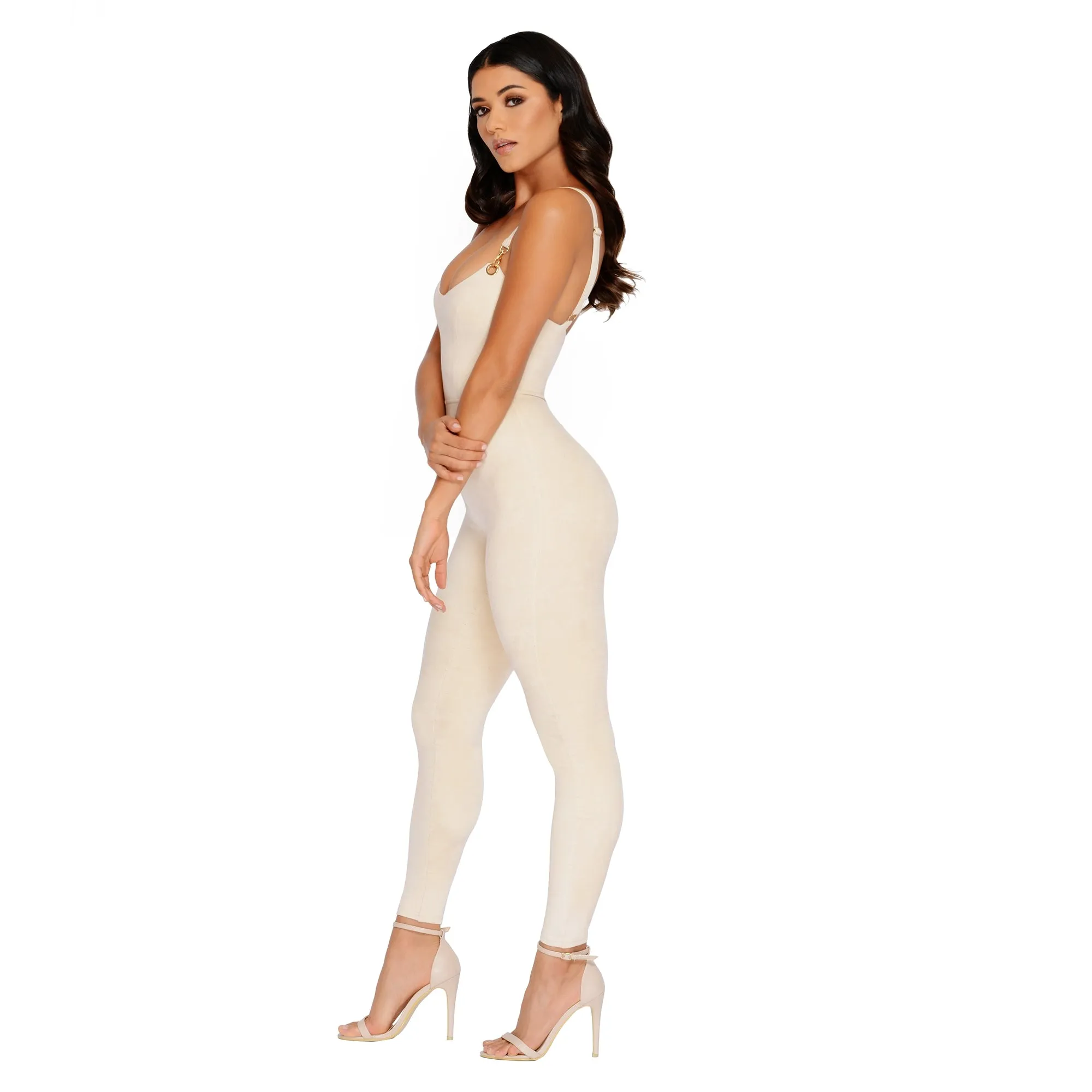 All In One Suede Plunge Ankle Length Jumpsuit in Cream