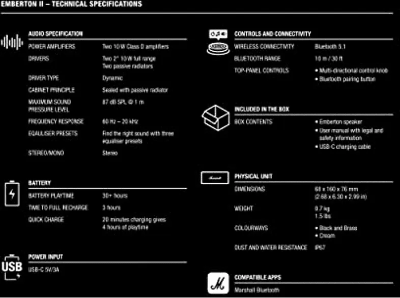 Altavoz inalámbrico - Marshall Emberton II, 20 W, Bluetooth, Autonomía 30 Horas, Negro