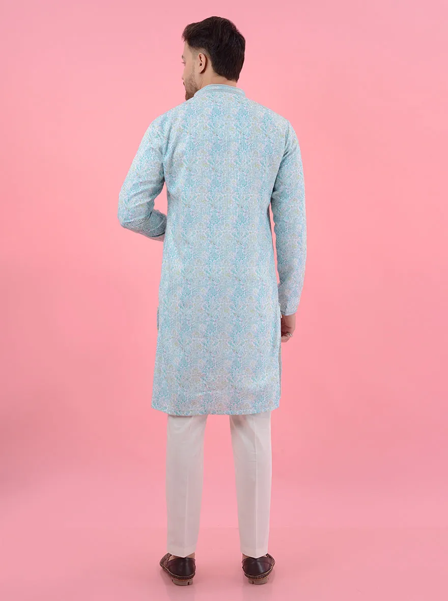 Aqua Blue White Kurta Pajama | TULA