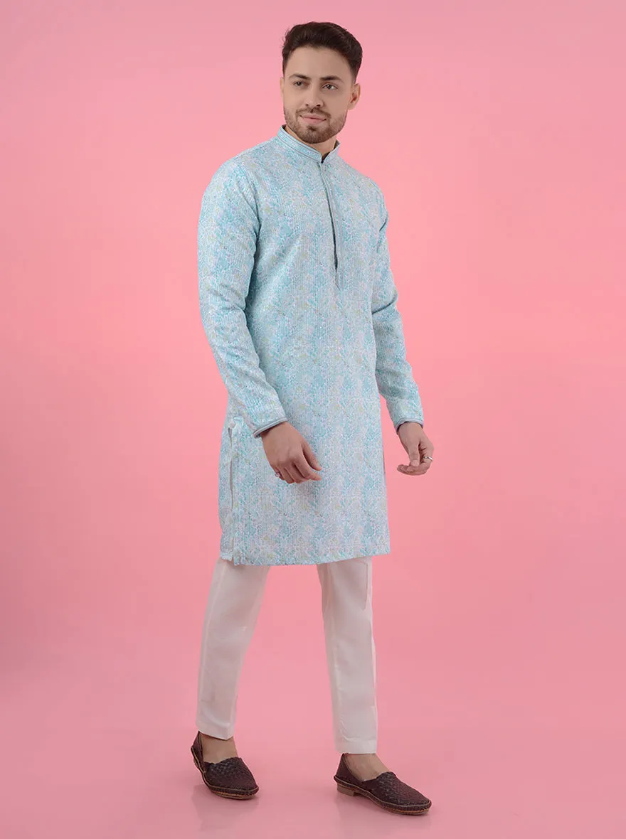 Aqua Blue White Kurta Pajama | TULA