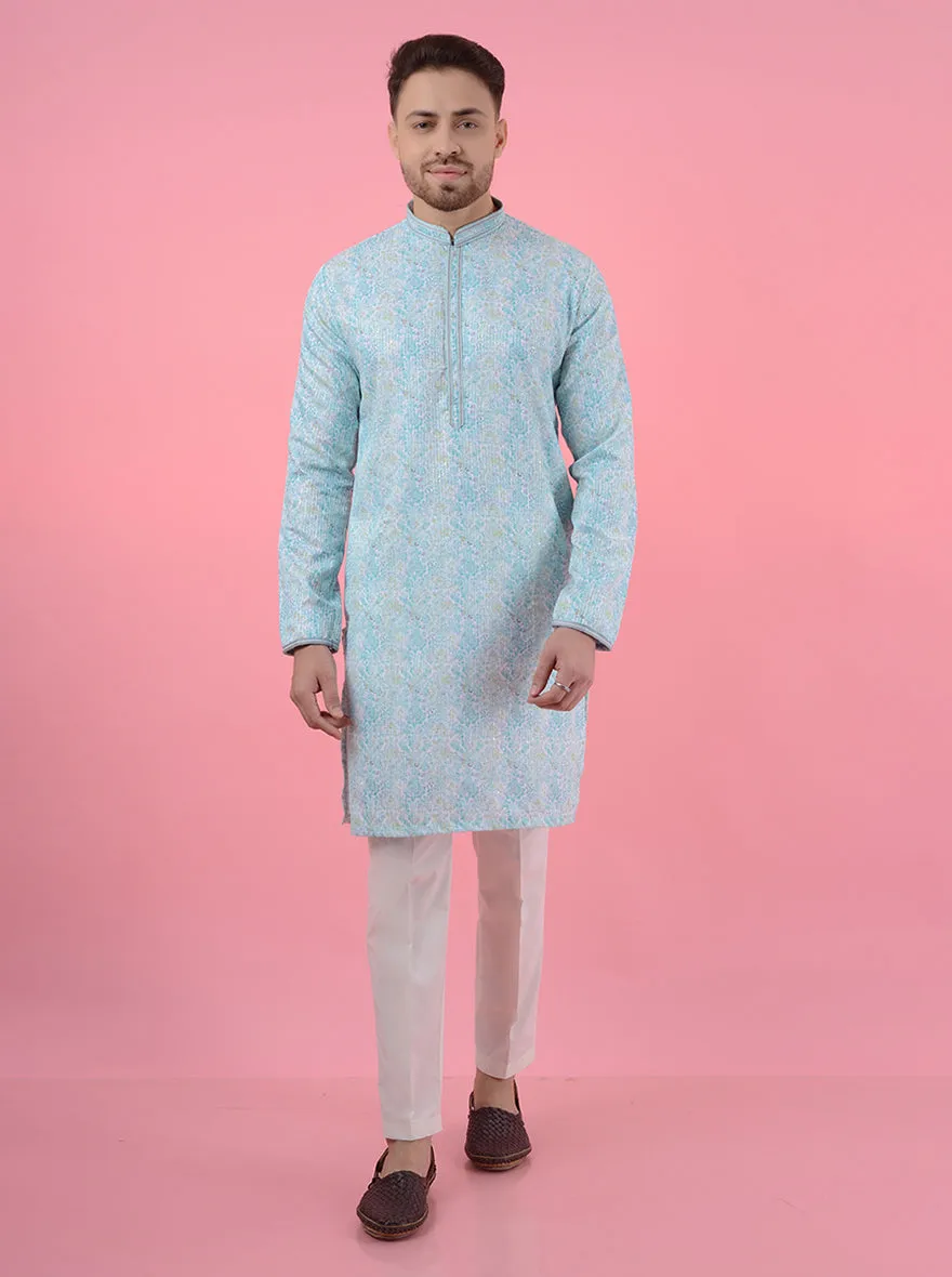 Aqua Blue White Kurta Pajama | TULA