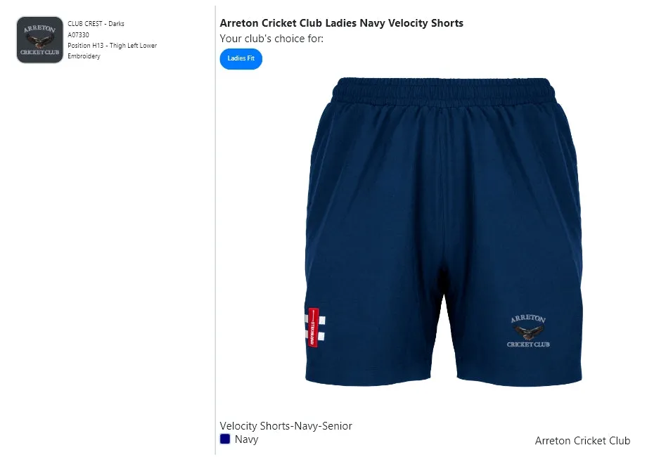 Arreton Cricket Club Ladies Navy Velocity Shorts