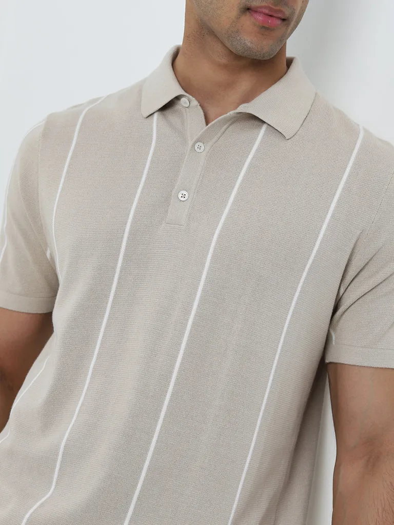 Ascot Beige Stripe Printed Relaxed-Fit Cotton Polo T-Shirt