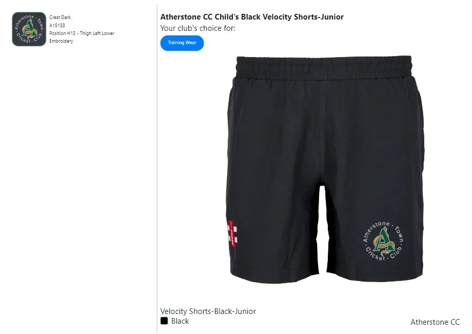 Atherstone CC Child's Black Velocity Shorts-Junior