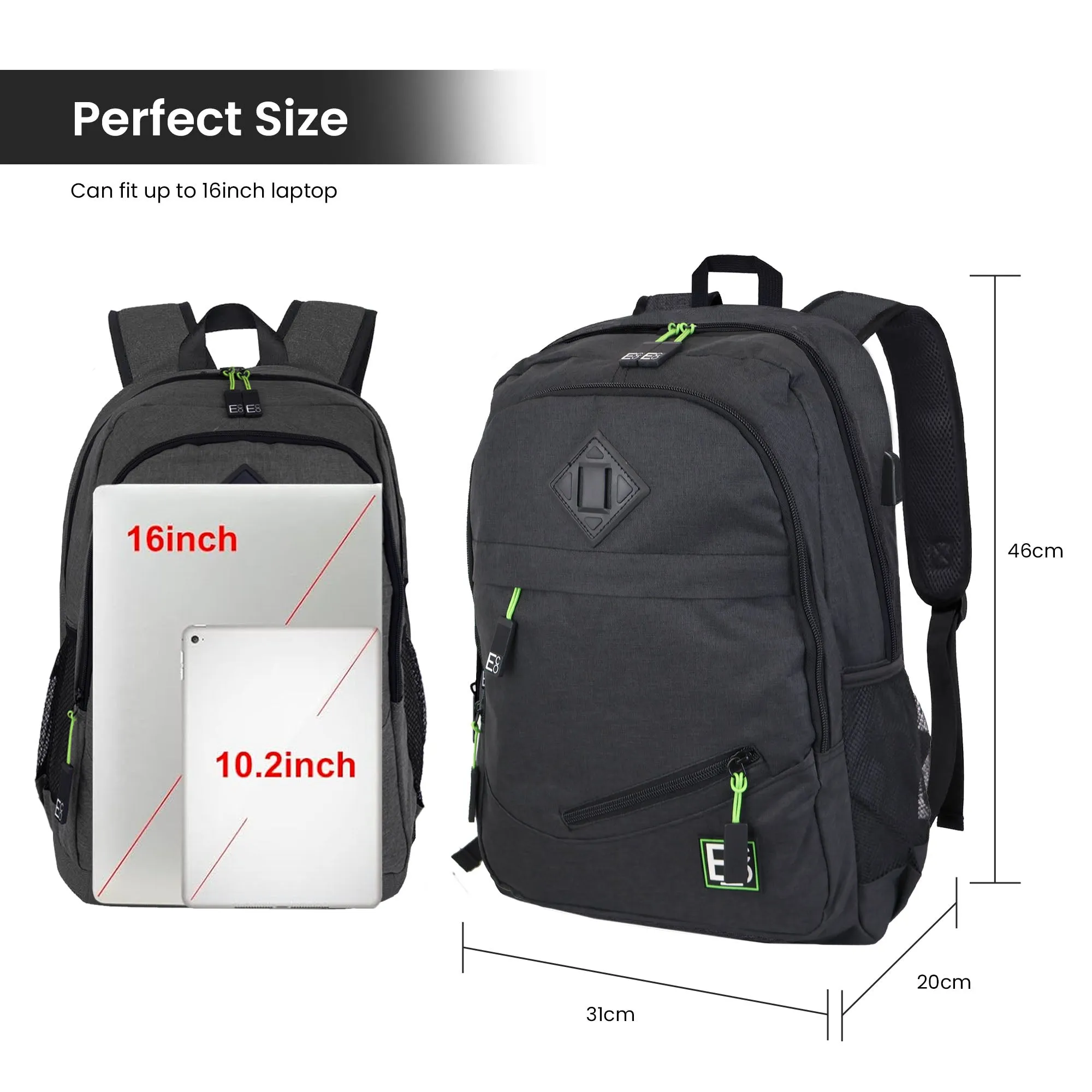 Backpack with 5 Compartments, USB Laptop & Phone Charging Port