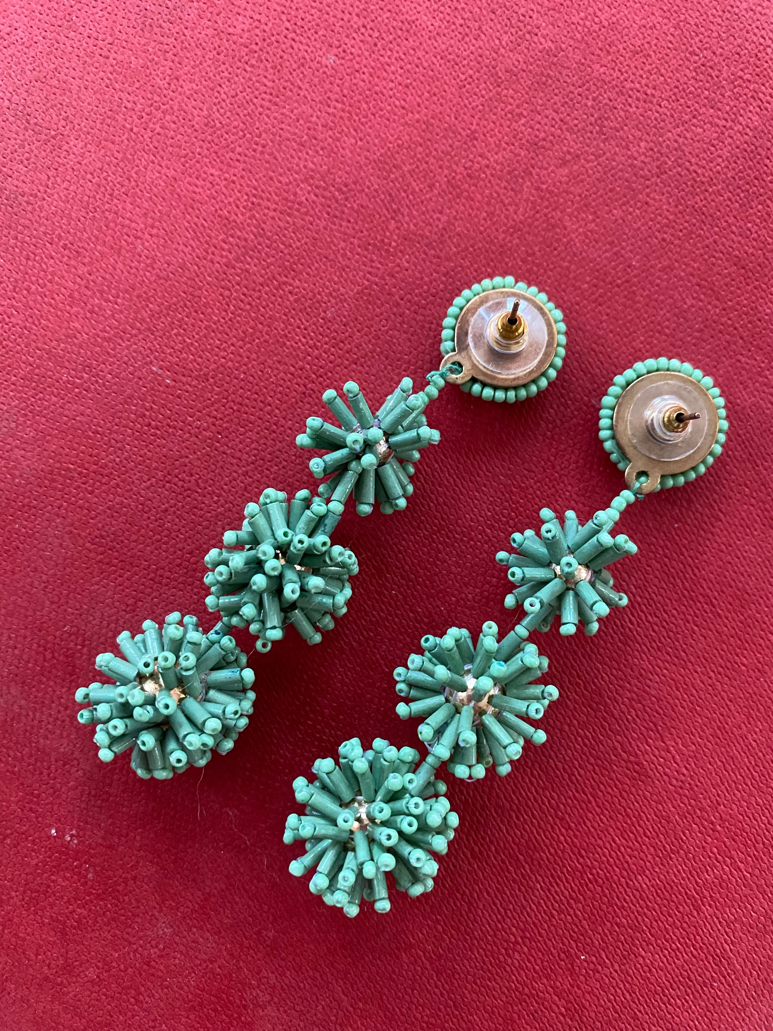 Beaded Jadite Colored Tiered Statement Earrings