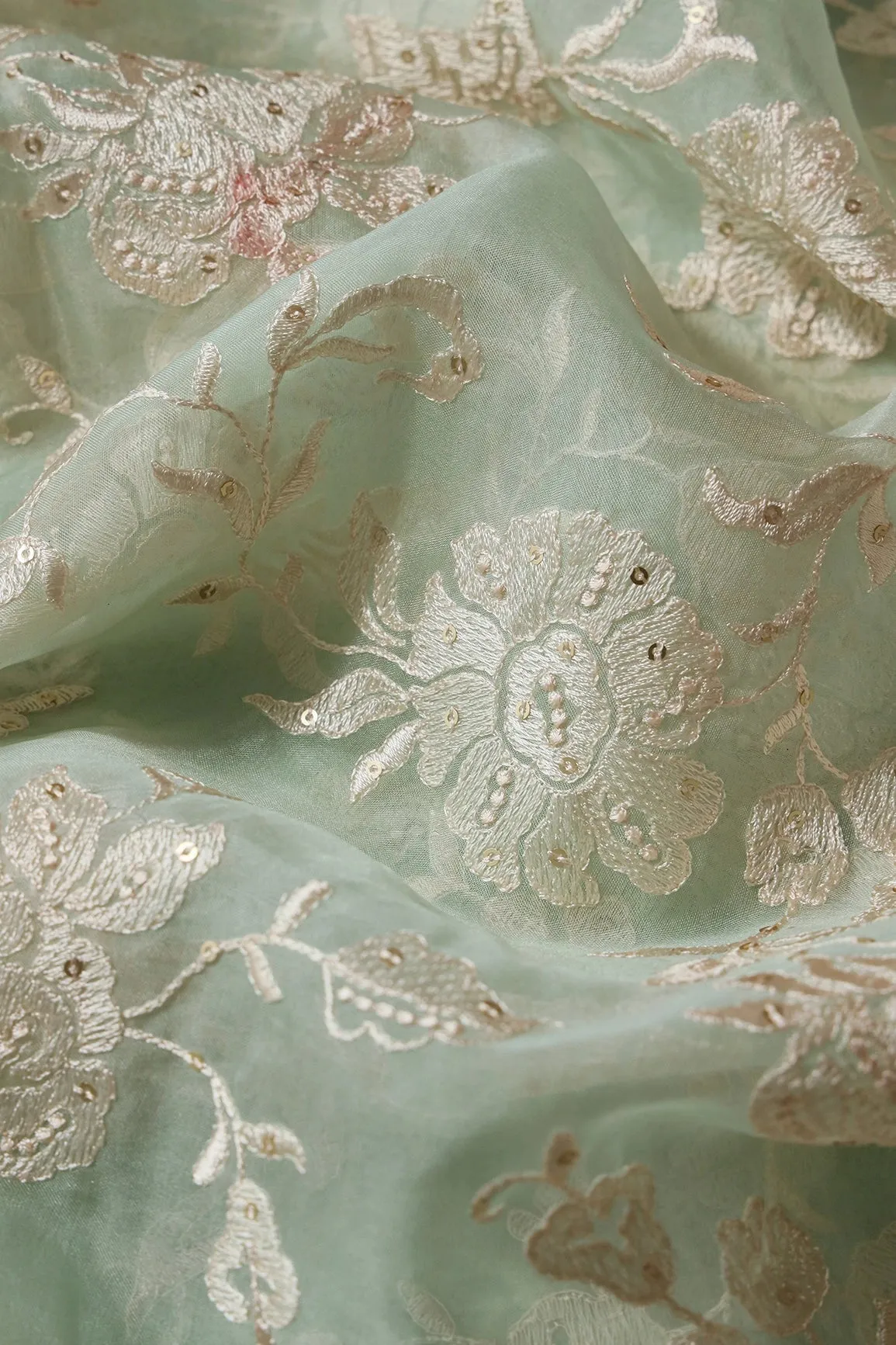 Beautiful White Thread With Sequins Floral Embroidery Work On Pista Green Organza Fabric