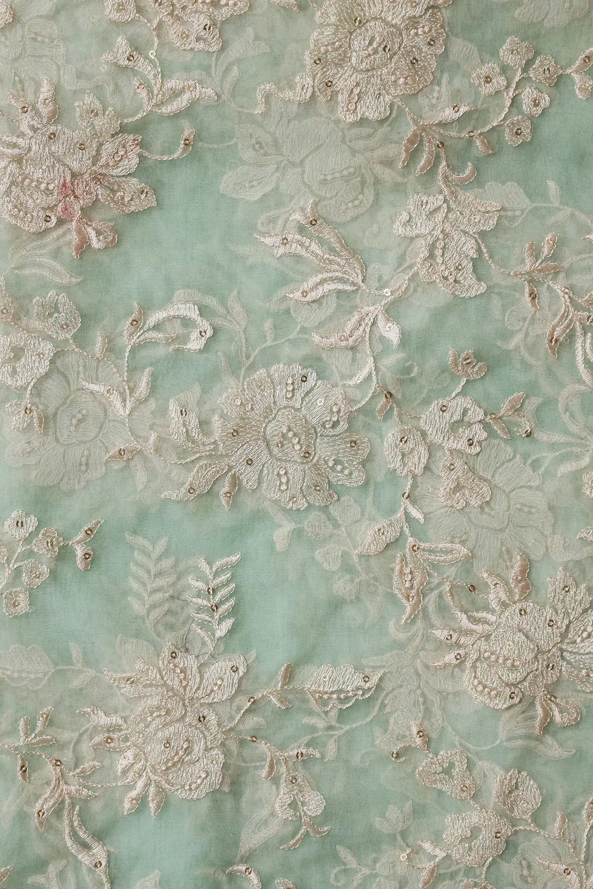 Beautiful White Thread With Sequins Floral Embroidery Work On Pista Green Organza Fabric