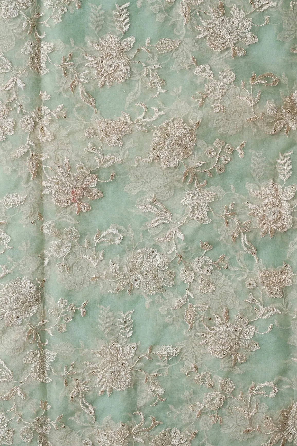 Beautiful White Thread With Sequins Floral Embroidery Work On Pista Green Organza Fabric