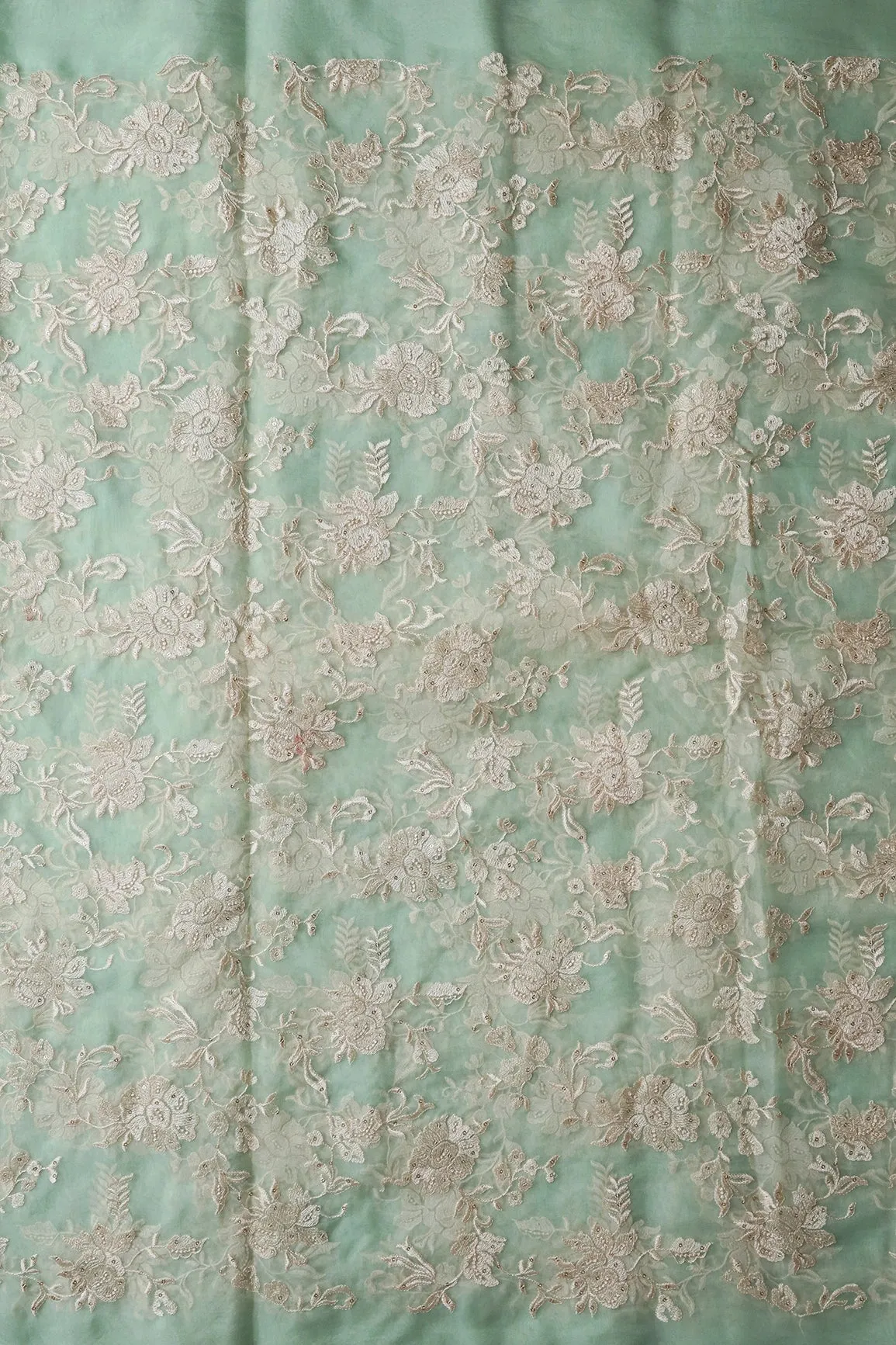 Beautiful White Thread With Sequins Floral Embroidery Work On Pista Green Organza Fabric