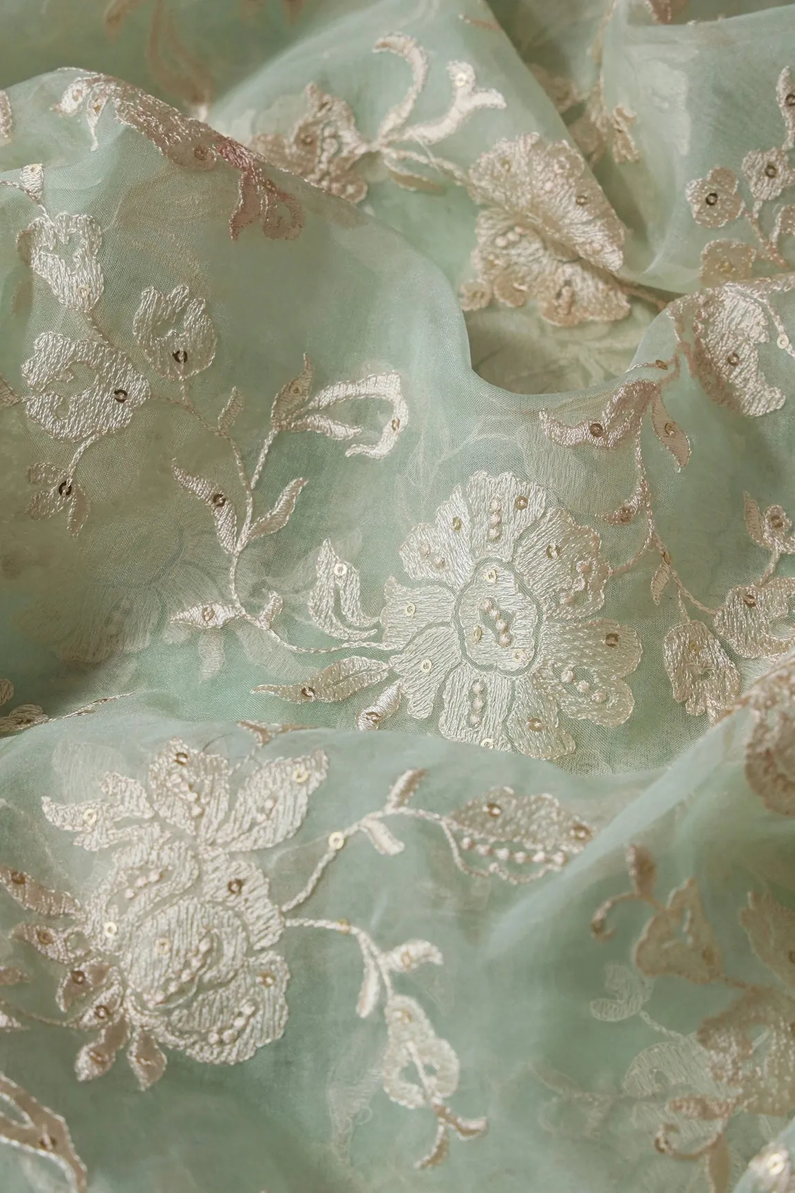 Beautiful White Thread With Sequins Floral Embroidery Work On Pista Green Organza Fabric