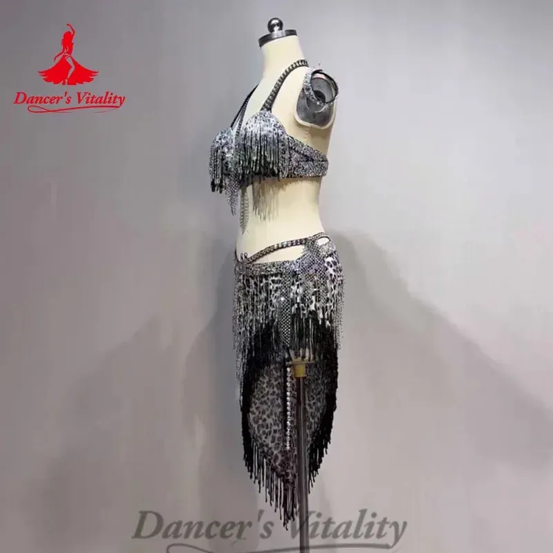 Belly Dance Costume Customized Rhinestone Tassels Bra leopard Print Skirt 2ps Adult Children Oriental Dance Performance Costumes