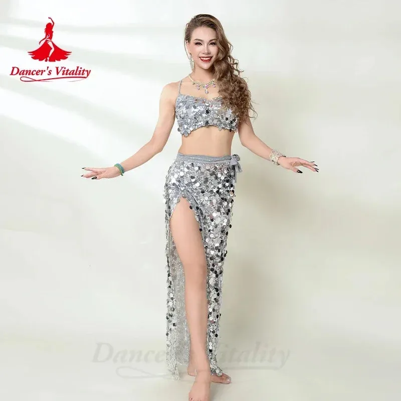 Belly Dance Performance Costume for Women Customsized Sequins Bra Top long Hip Skirt 2pcs Adult Child Oriental Bellydance Outfit