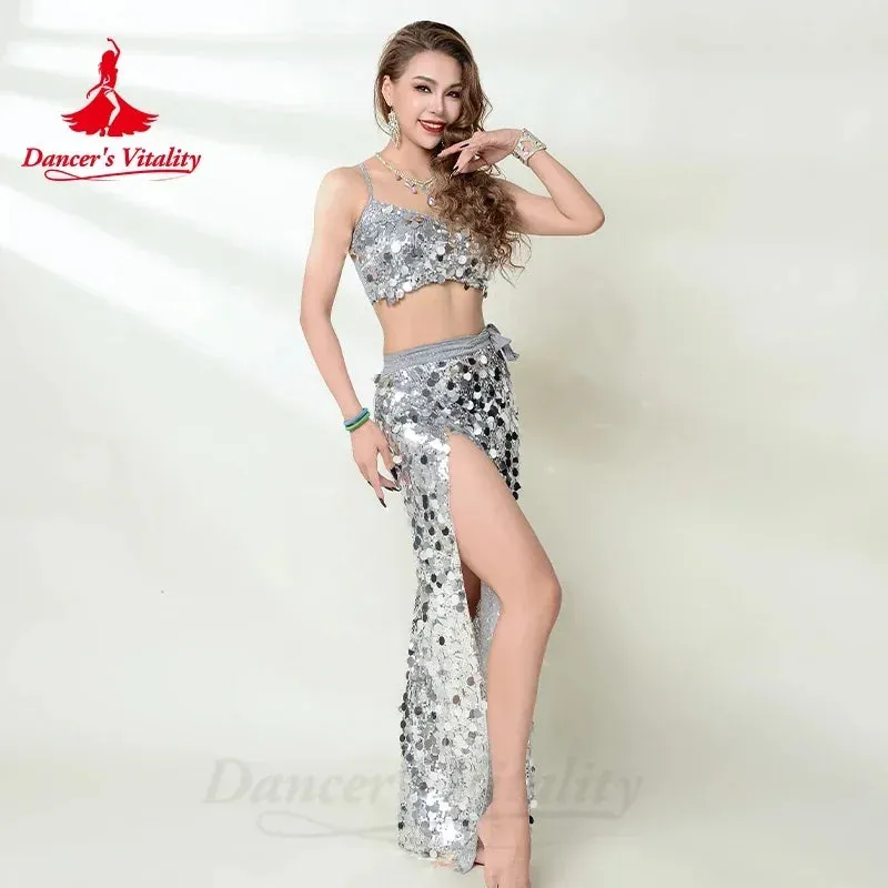 Belly Dance Performance Costume for Women Customsized Sequins Bra Top long Hip Skirt 2pcs Adult Child Oriental Bellydance Outfit