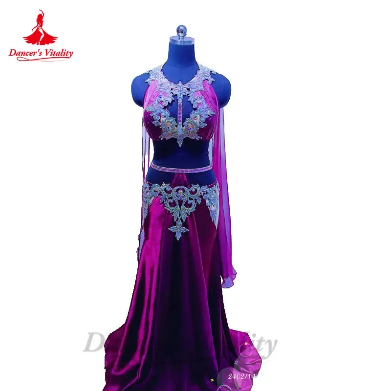 Belly Dancer Performance Costume Set for Women Senior Bra Top satin Skirt 2pcs Custom Adult Child Oriental Competiton Outfit