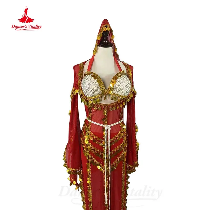 BellyDance Costume Set Customized AB Stones Bra sequin Trumpet Sleeve Dress Headscarf 3pcs Oriental Dance Performance Clothing