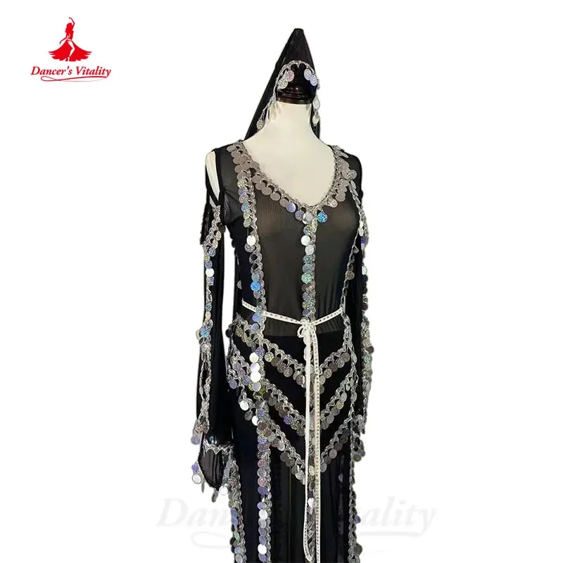 BellyDance Costume Set Customized AB Stones Bra sequin Trumpet Sleeve Dress Headscarf 3pcs Oriental Dance Performance Clothing