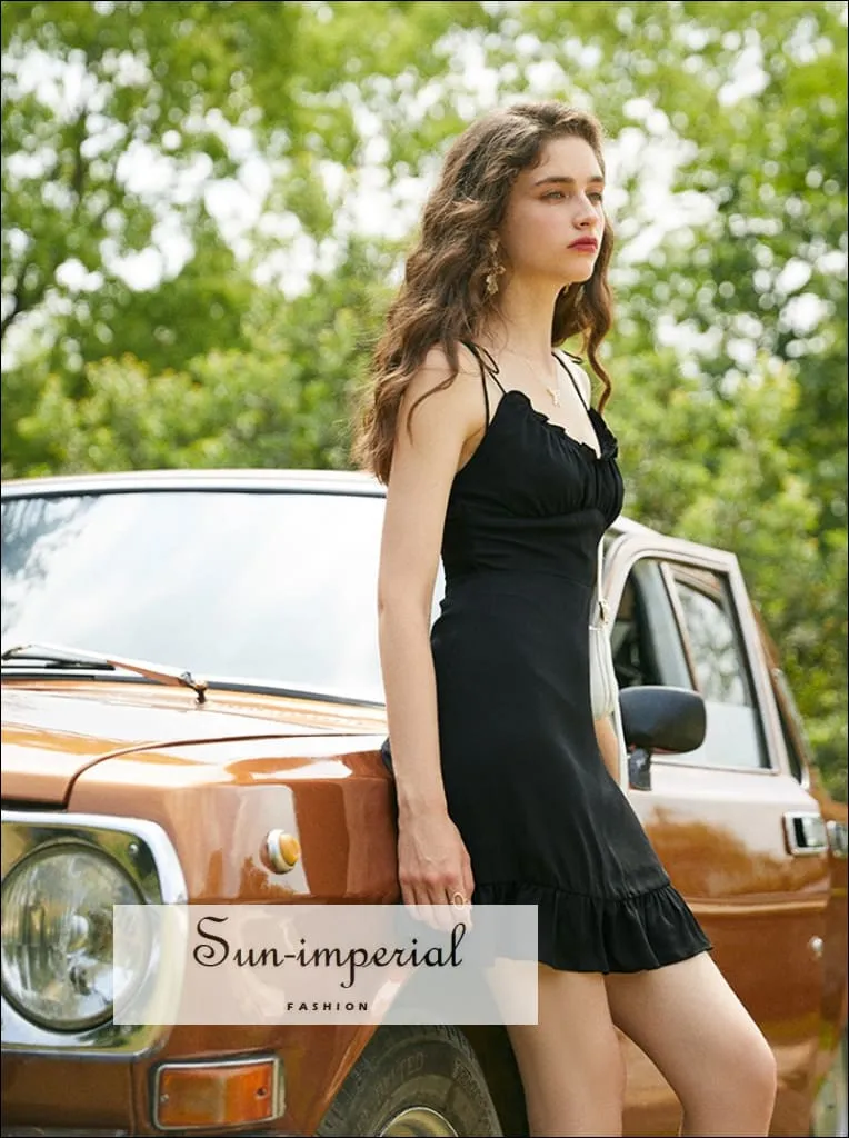 Black Adjustable Tie Straps Mini Dress with Ruffle Edge Decor