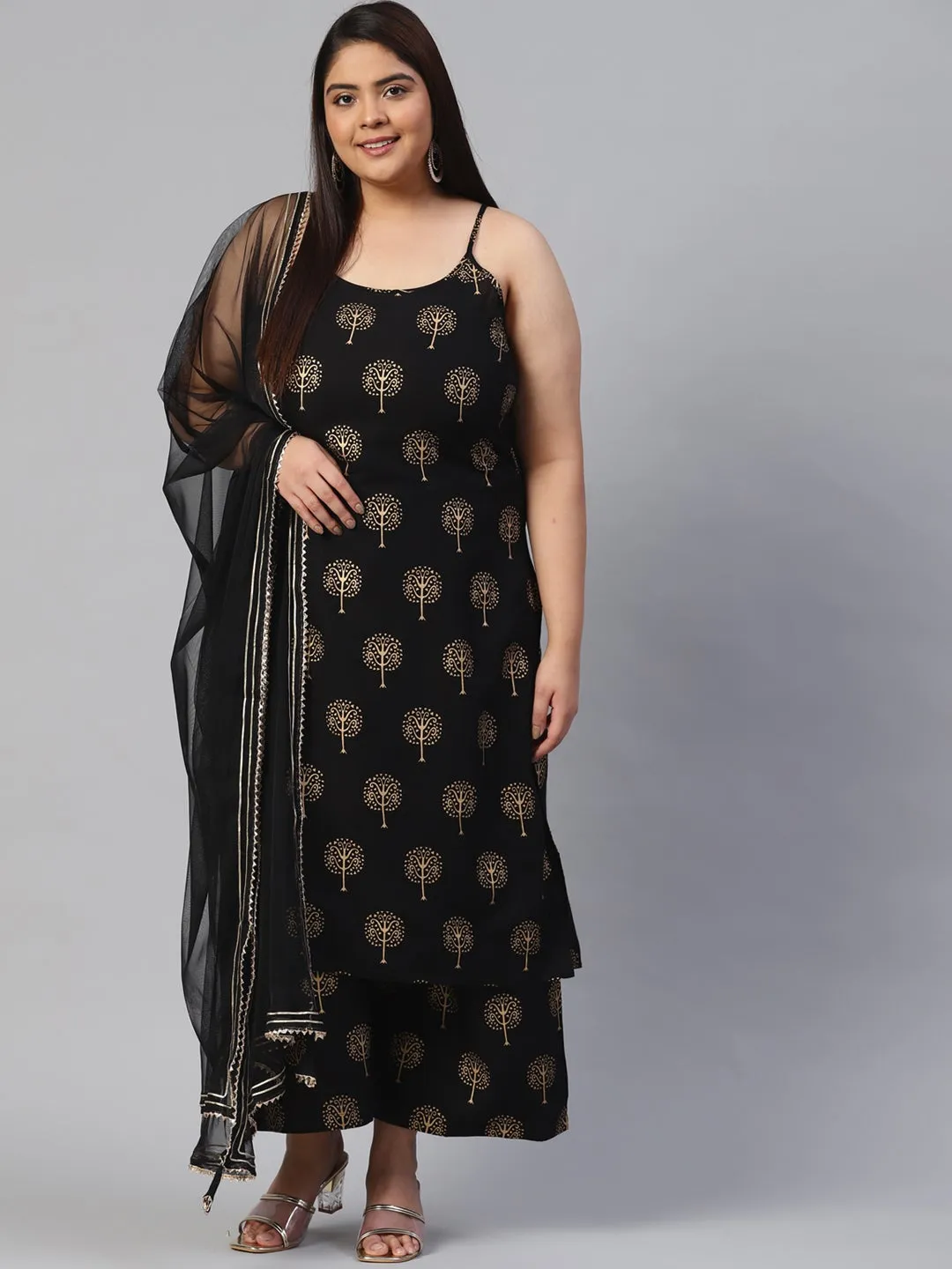 Black shoulder strip Kurta Palazoo set with net Dupatta