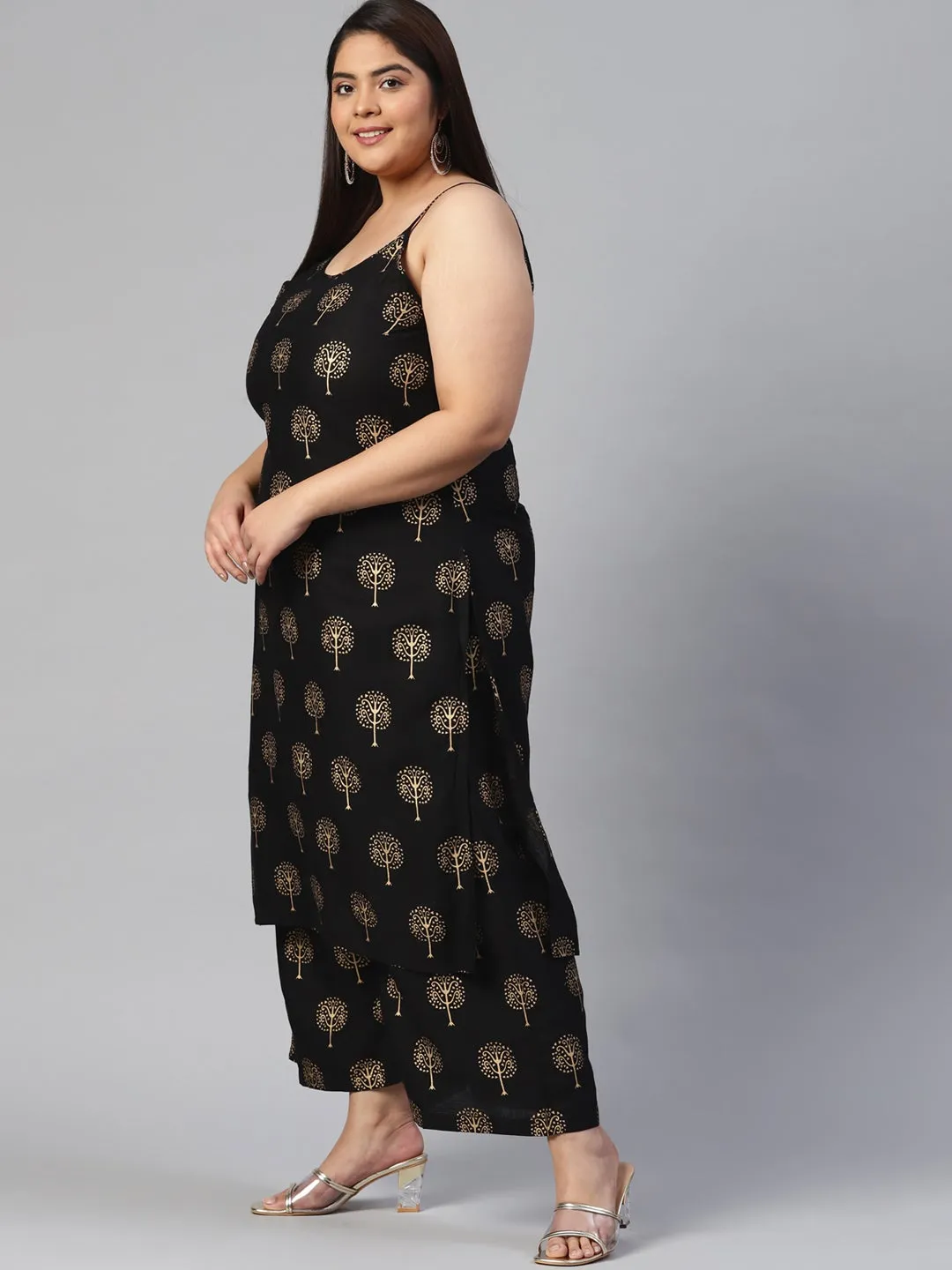 Black shoulder strip Kurta Palazoo set with net Dupatta