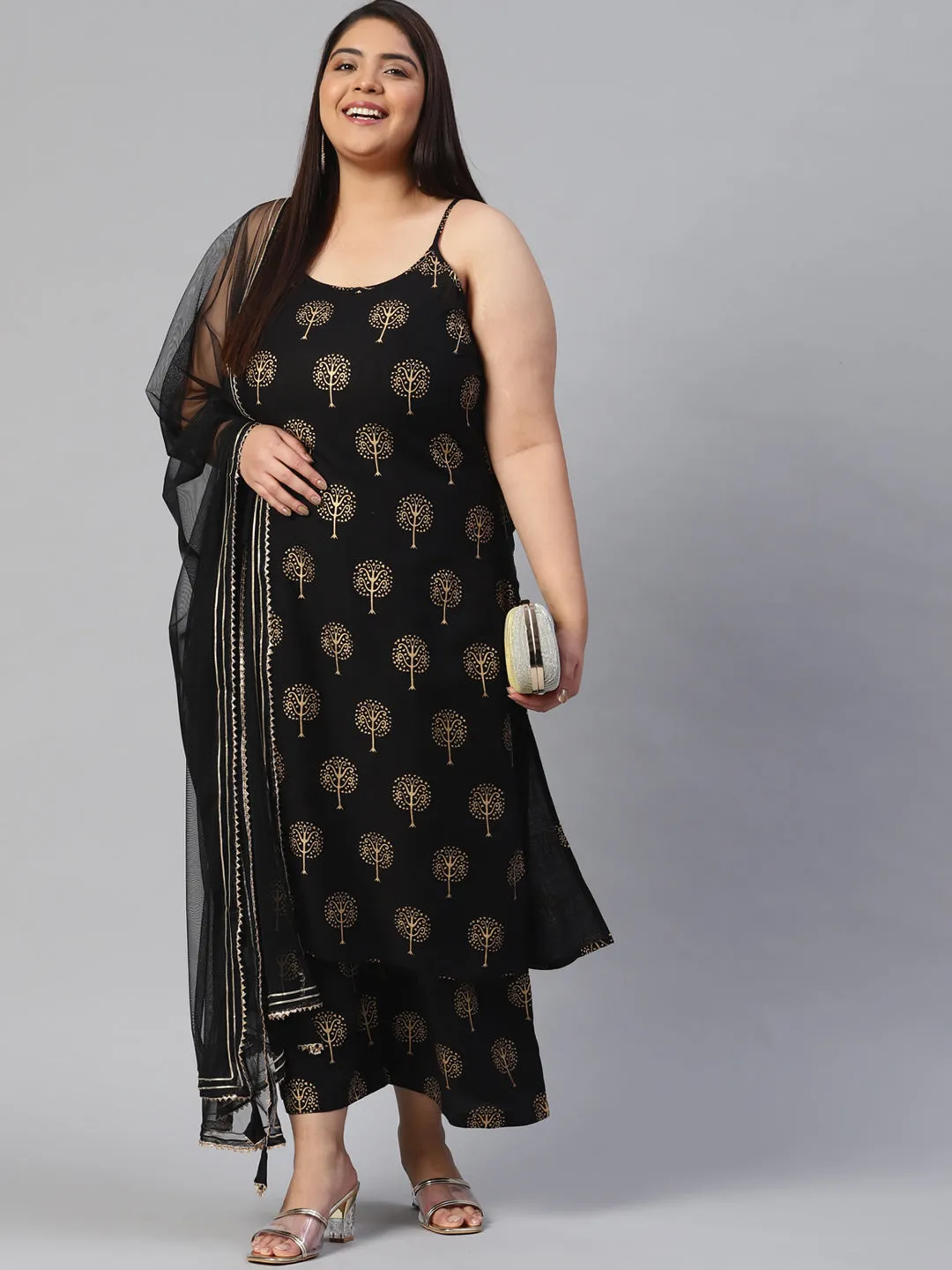 Black shoulder strip Kurta Palazoo set with net Dupatta