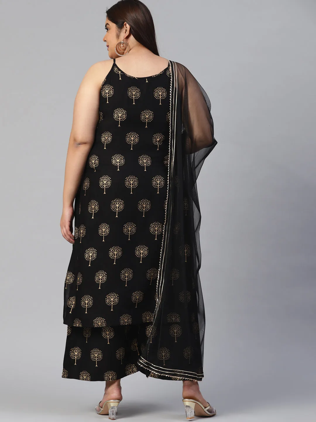 Black shoulder strip Kurta Palazoo set with net Dupatta