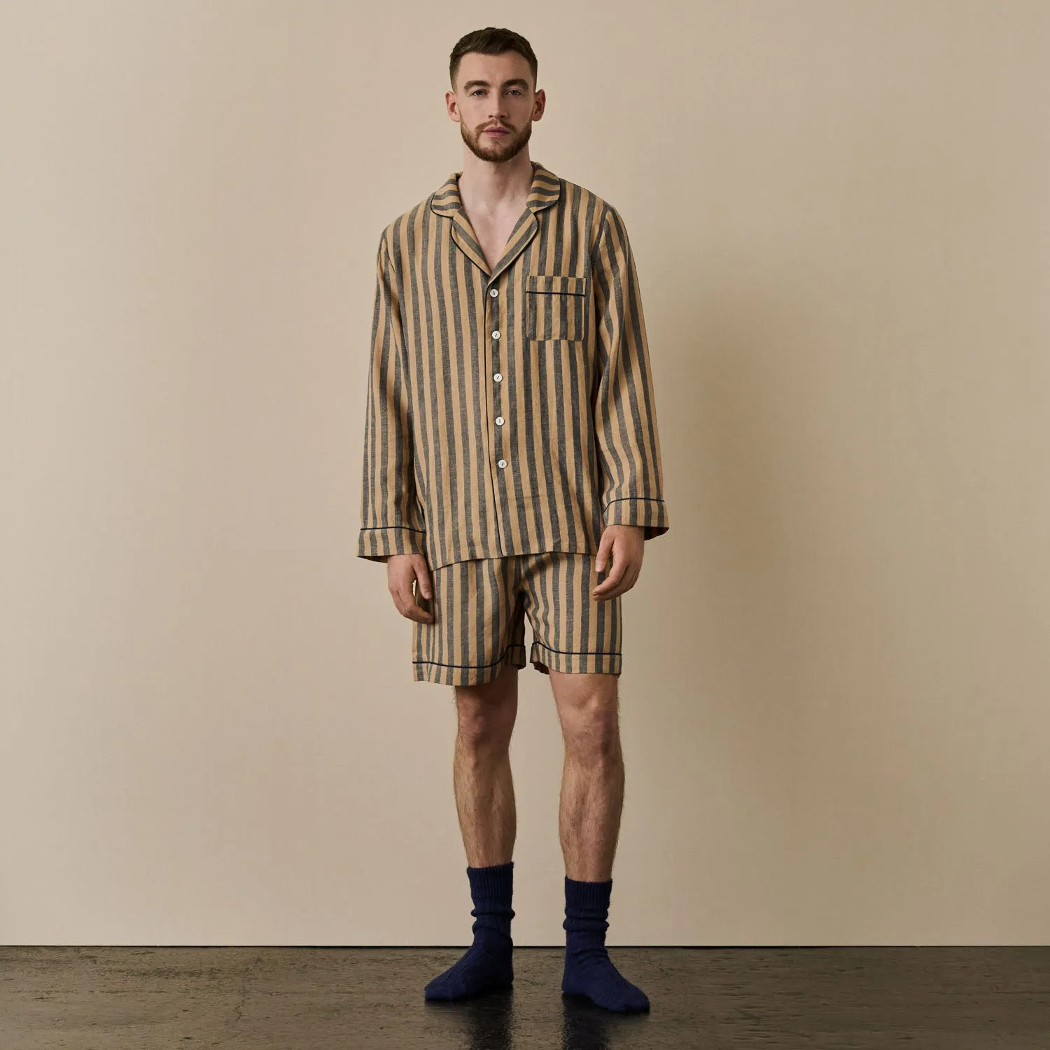 Blue & Porcini Striped Linen Men's PJ Short Set