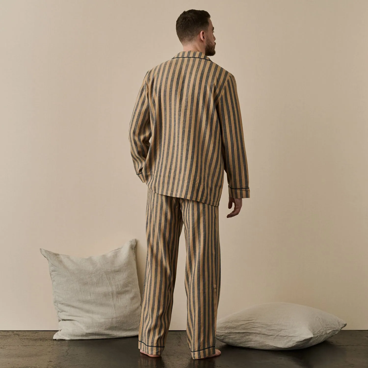 Blue & Porcini Striped Linen Men's PJ Trouser Set