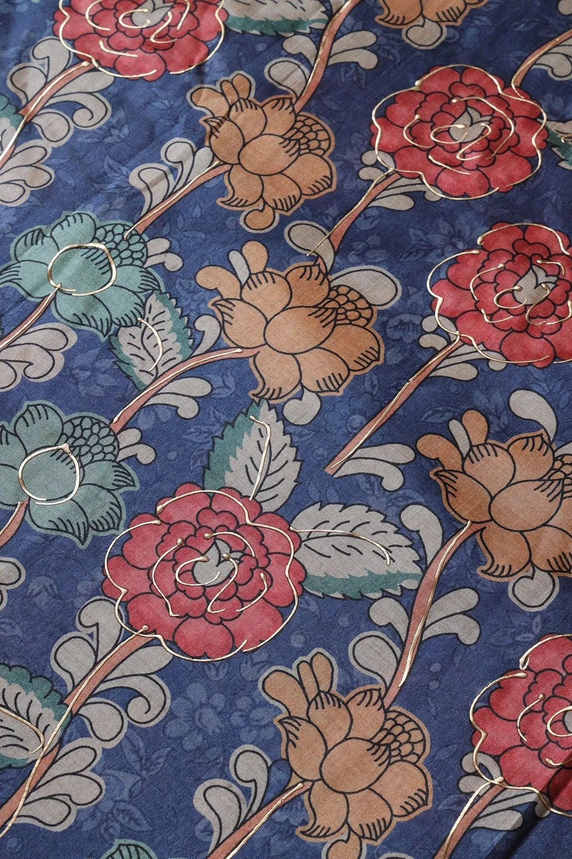 Blue And Red Floral Pattern Digital Foil Print On Mulberry Silk Fabric