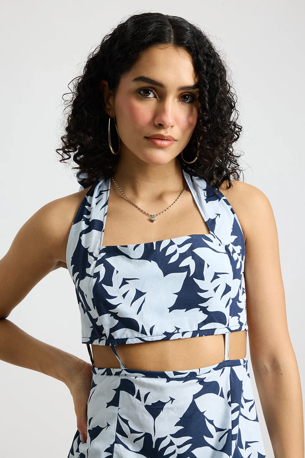 Blue Botanical Printed Poplin Dress