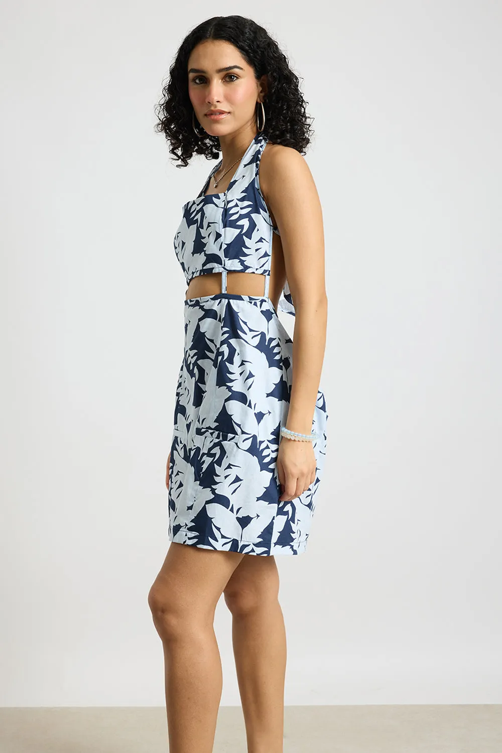 Blue Botanical Printed Poplin Dress