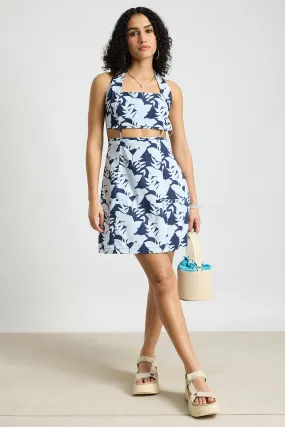 Blue Botanical Printed Poplin Dress