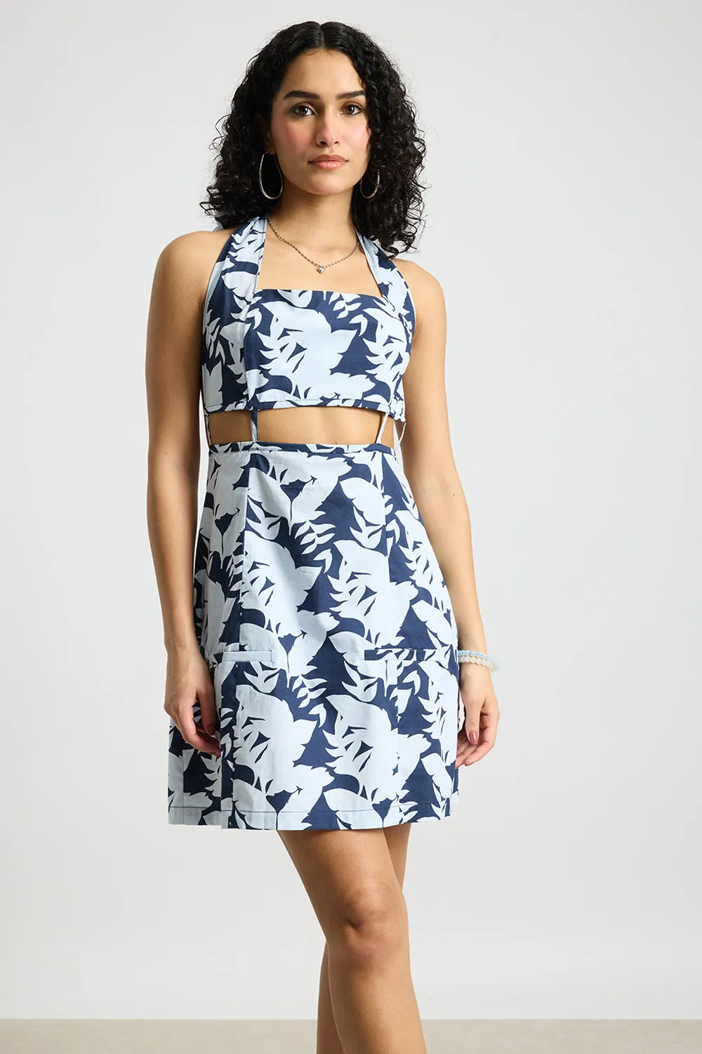 Blue Botanical Printed Poplin Dress