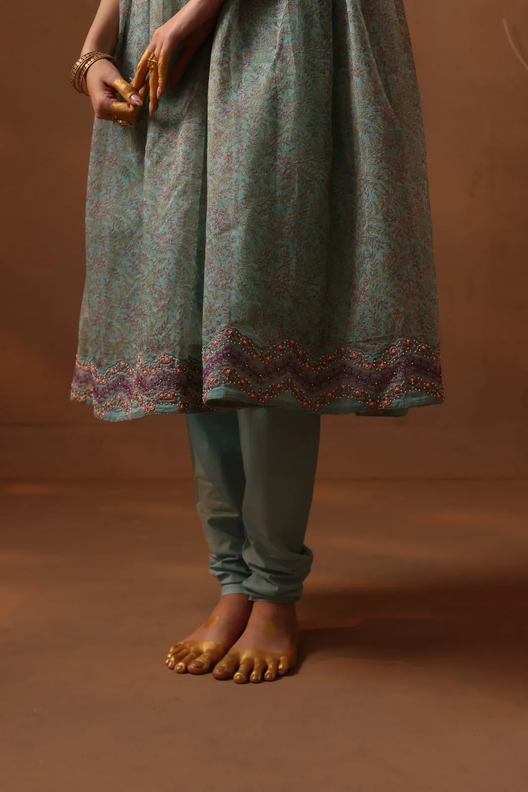 Blue handblock printed angrakha style kurta set